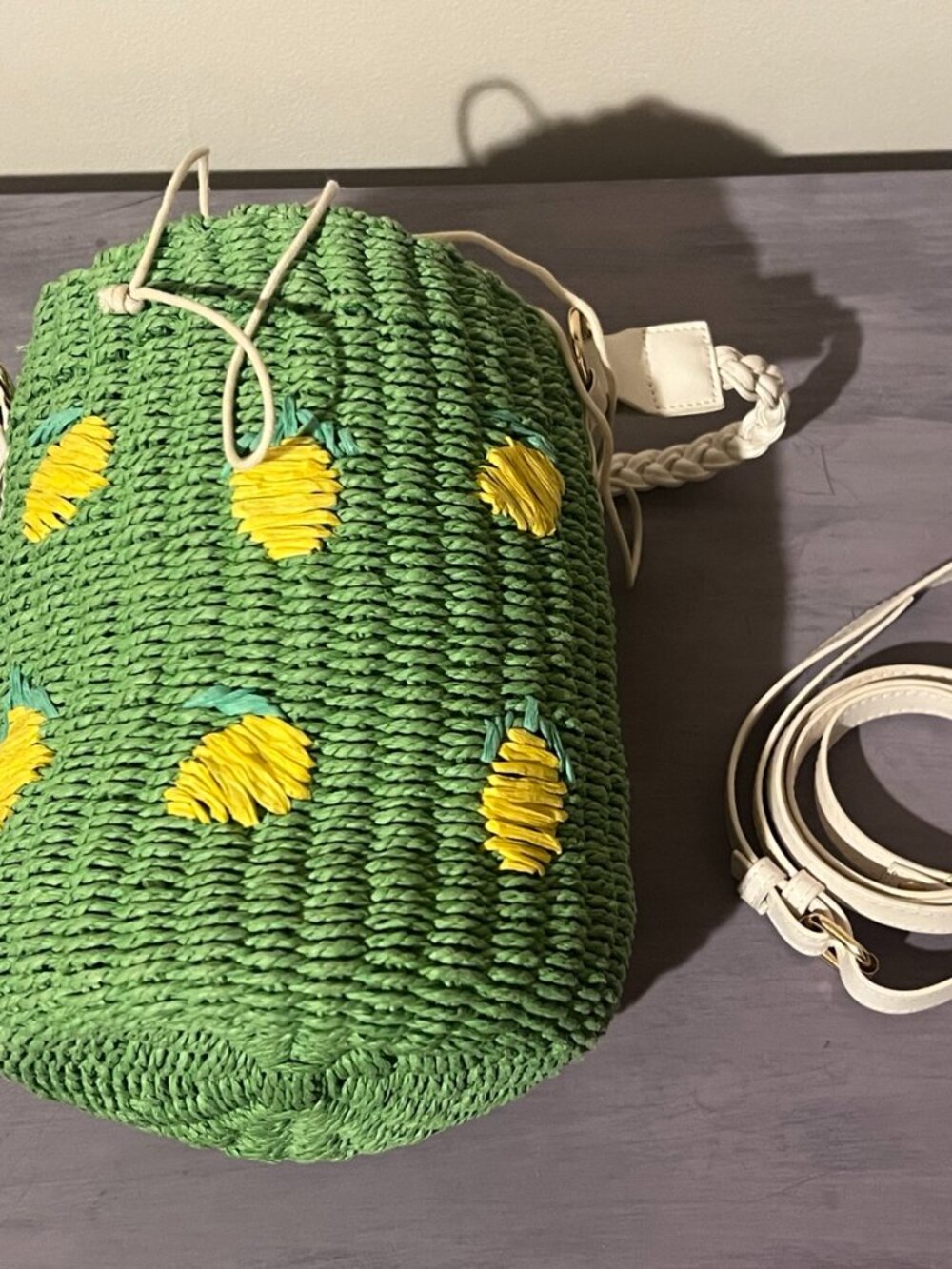 Anthropologie Green Lemon Raffia Woven Bucket Crossbody Bag - Picture 6 of 7